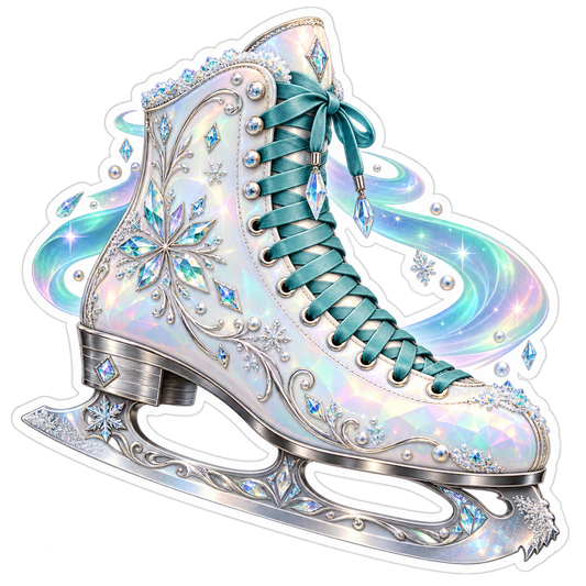Pearl Ice Skate With Teal Laces and Crystals Art Vinyl Decal Stickers
