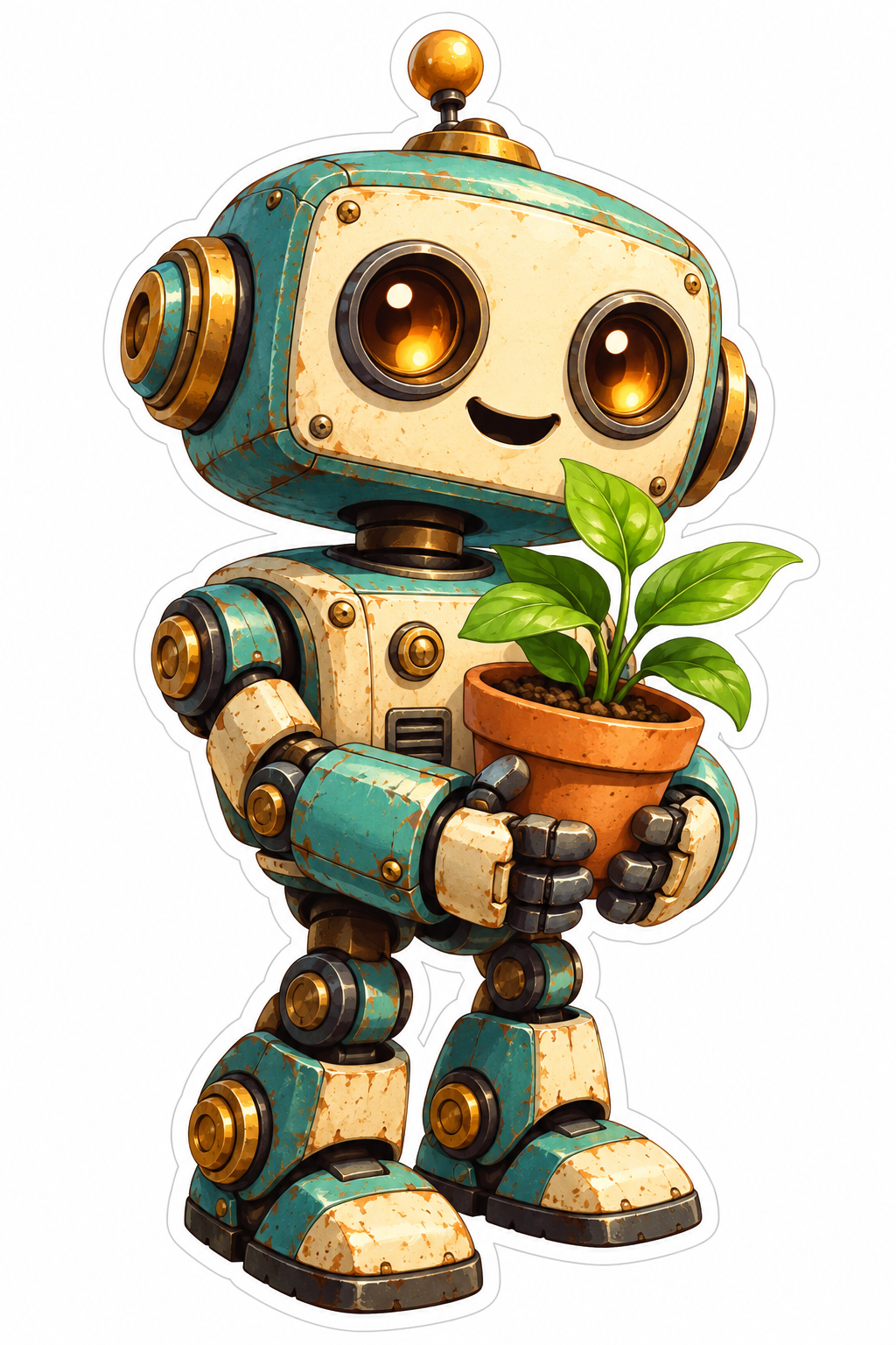 Small Teal Gold Robot Holding Potted Plant Vinyl Decal Stickers