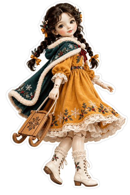 Golden Dress Doll Green Cape Sled Vinyl Decal Stickers
