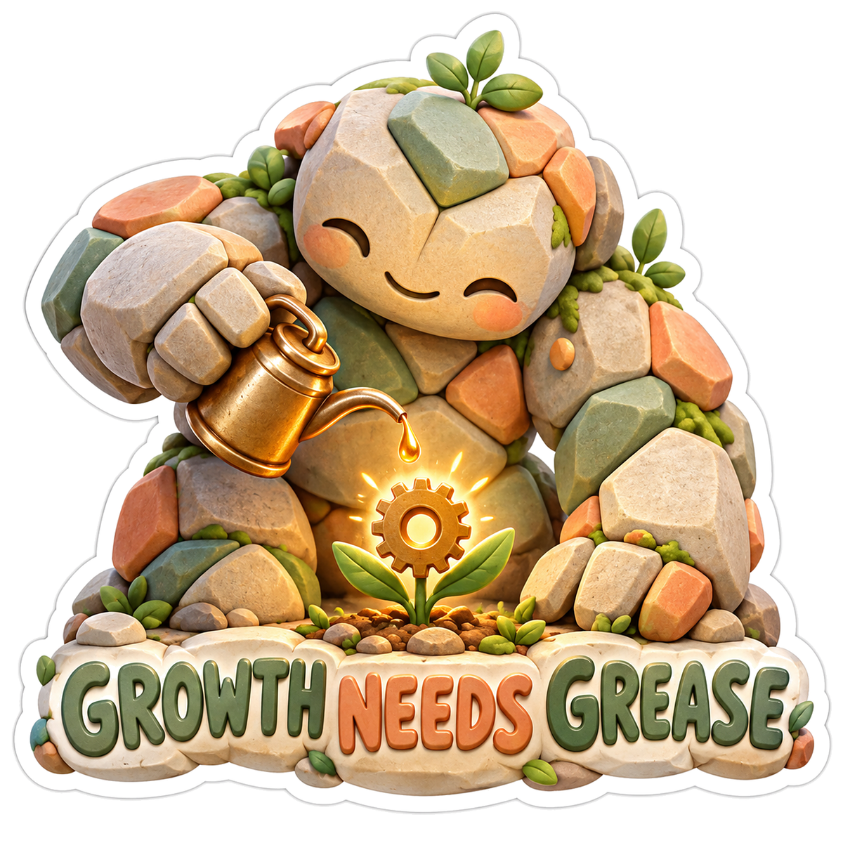 Stone Character Oiling a Glowing Gear Flower Vinyl Decal Stickers