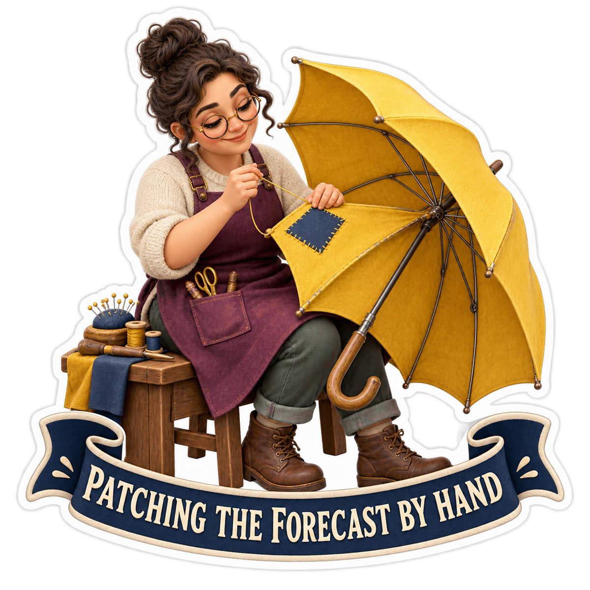 Woman Mending Yellow Umbrella Art Vinyl Decal Stickers