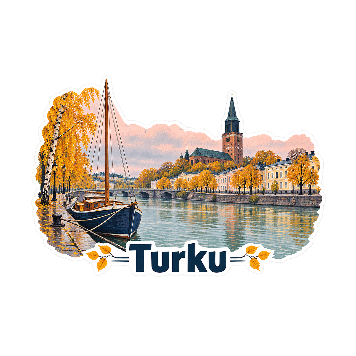 Turku Autumn River and Sailboat Art Vinyl Decal Stickers