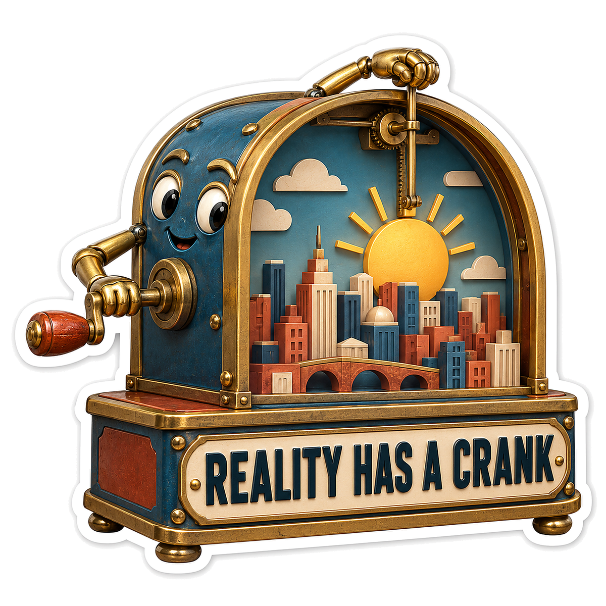 Crank Machine Displaying a Sunny Miniature City Vinyl Decal Stickers