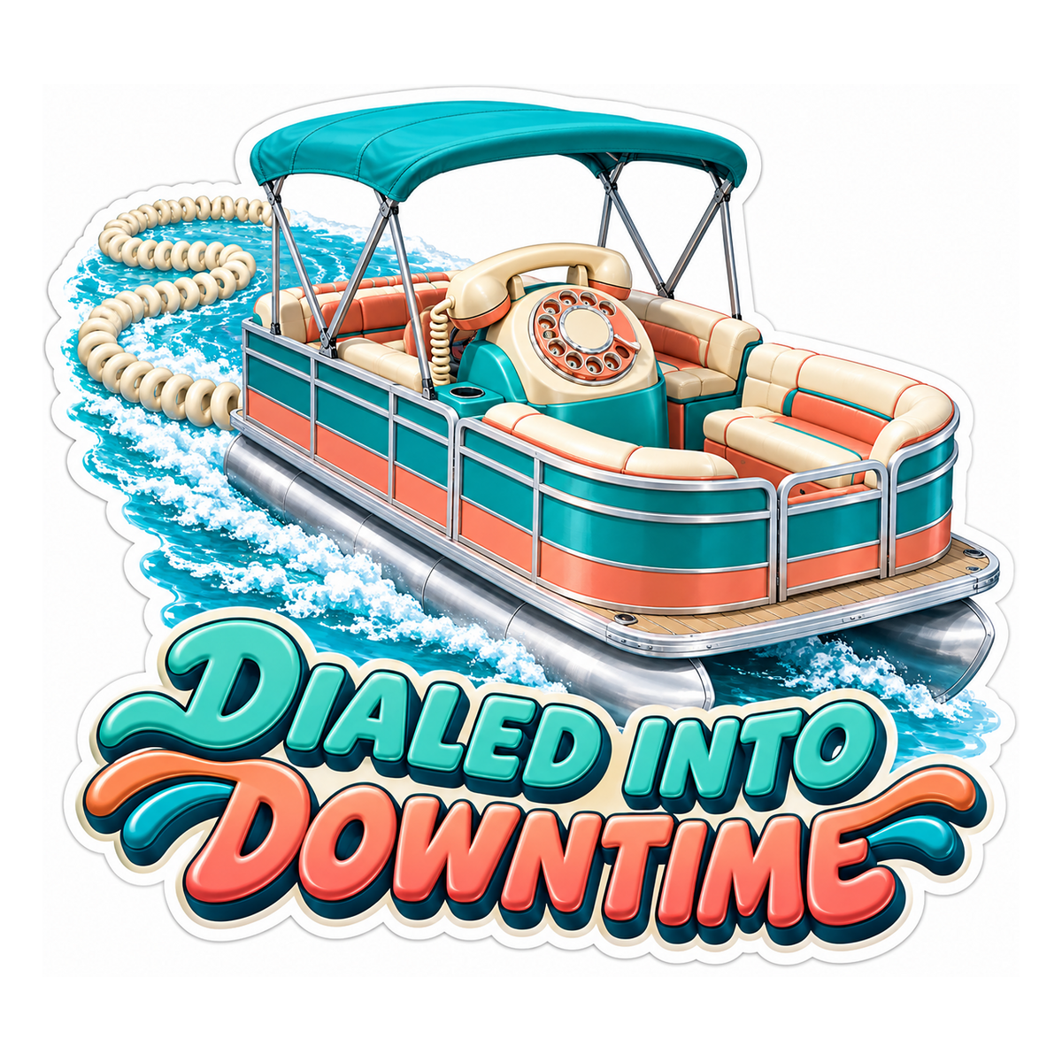 Turquoise Pontoon Boat with Rotary Telephone Vinyl Decal Stickers