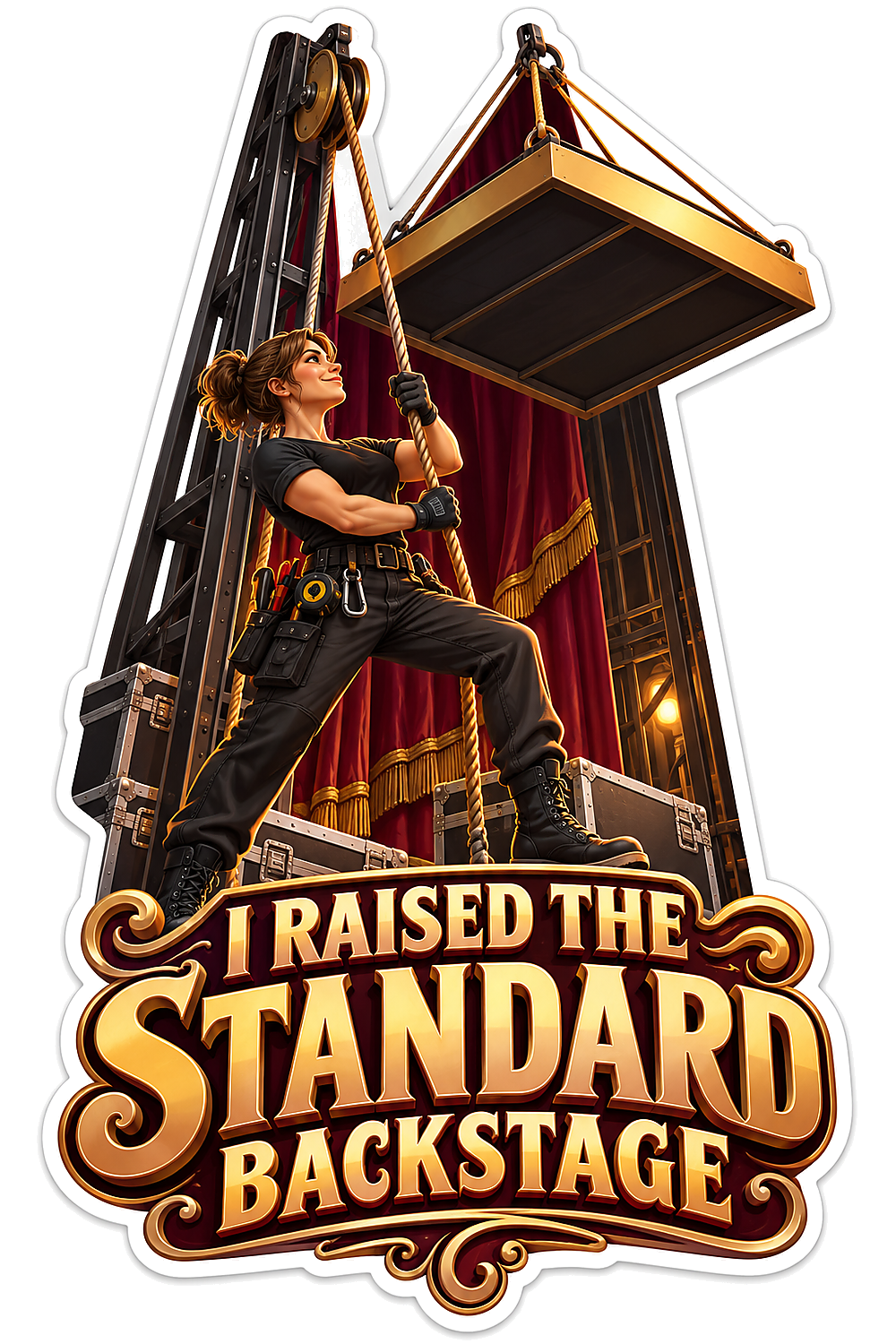 Stage Worker Raising a Suspended Platform Vinyl Decal Stickers