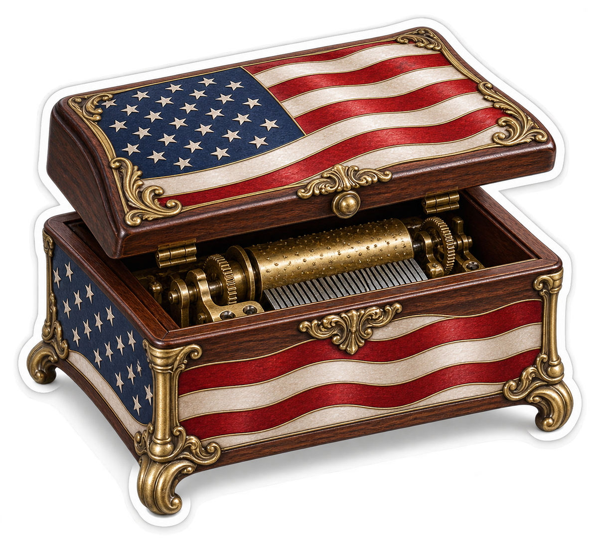 USA Flag Ornate Wooden Music Box Art Vinyl Decal Stickers