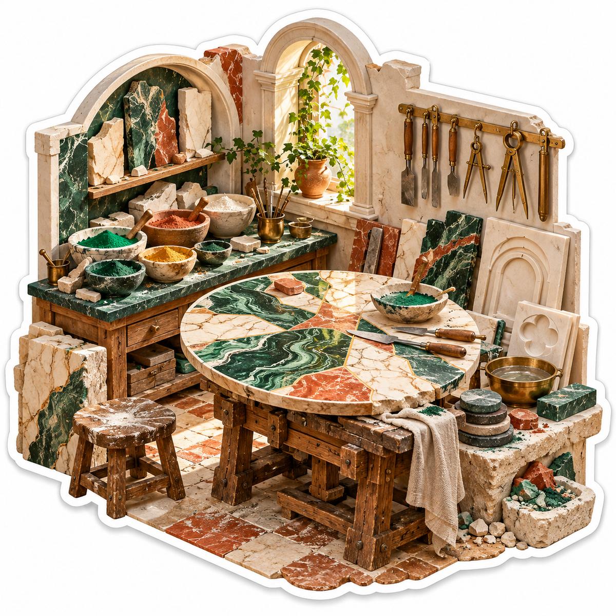 Green Marble Inlay Table in Arched Workshop Vinyl Decal Stickers