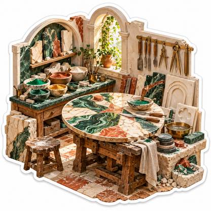 Green Marble Inlay Table in Arched Workshop Vinyl Decal Stickers