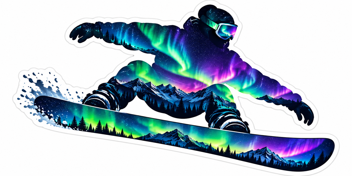 Aurora Colored Snowboarder in Action Vinyl Decal Stickers