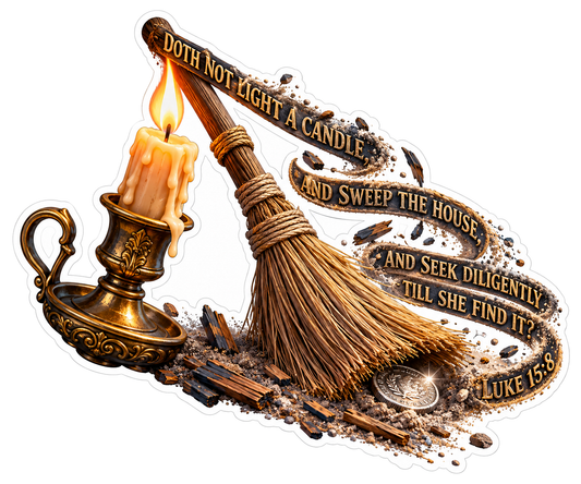 Bible Candle Broom Silver Coin Luke 15 8 Vinyl Sticker Decal