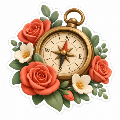 Bronze Compass Among Coral Roses Vinyl Sticker Decal