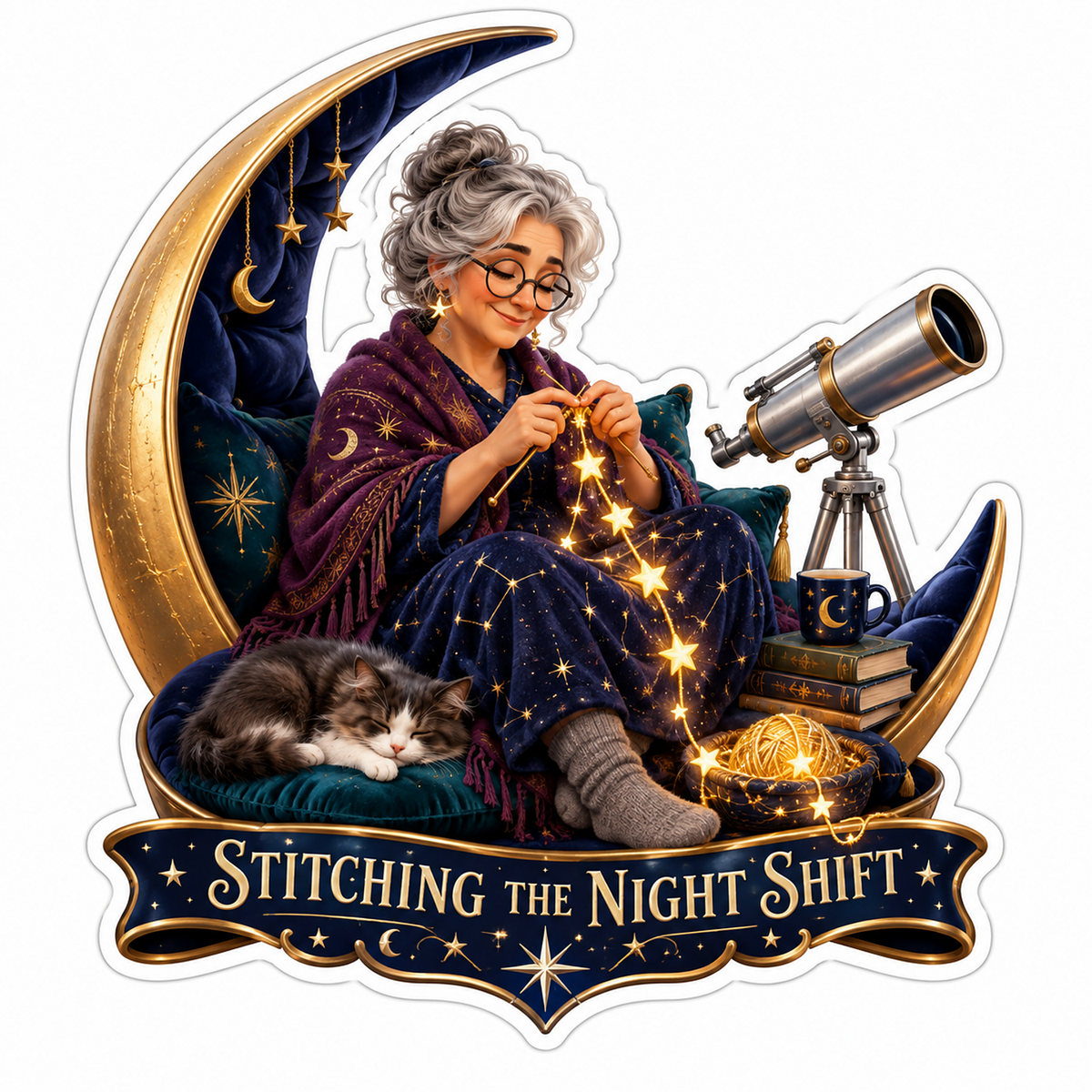 Stitching the Night Shift Grandma Moon Vinyl Sticker Decal