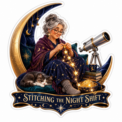 Stitching the Night Shift Grandma Moon Vinyl Sticker Decal