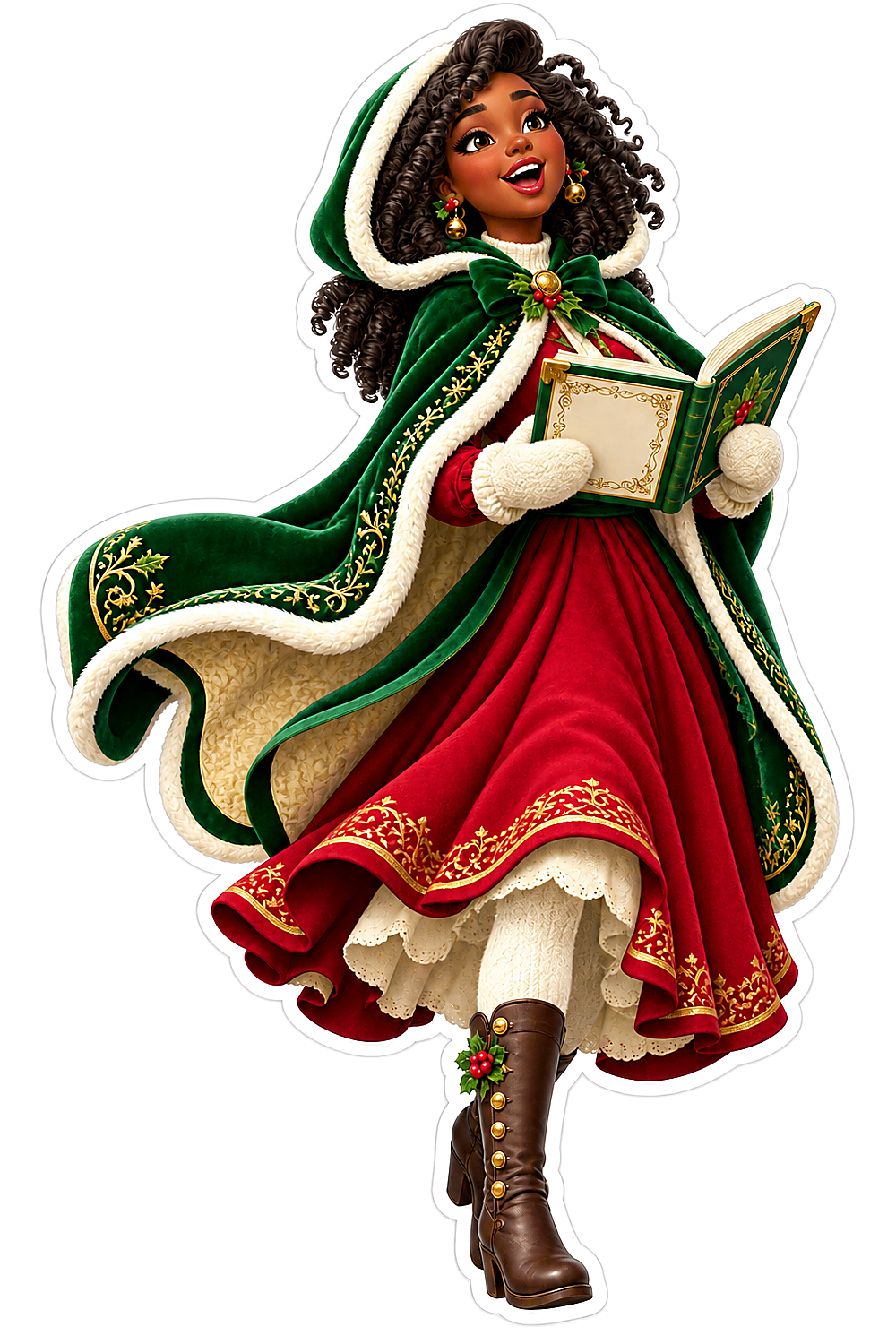 Christmas Caroler Woman Green Cloak Red Dress Vinyl Sticker Decal