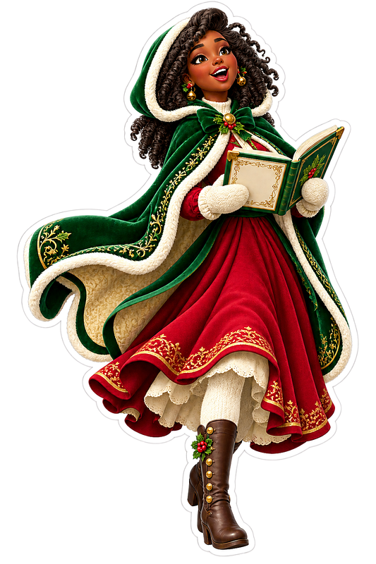 Christmas Caroler Woman Green Cloak Red Dress Vinyl Sticker Decal