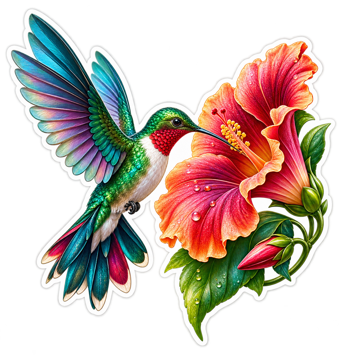Hummingbird beside Pink Hibiscus Flowers Vinyl Sticker Decal