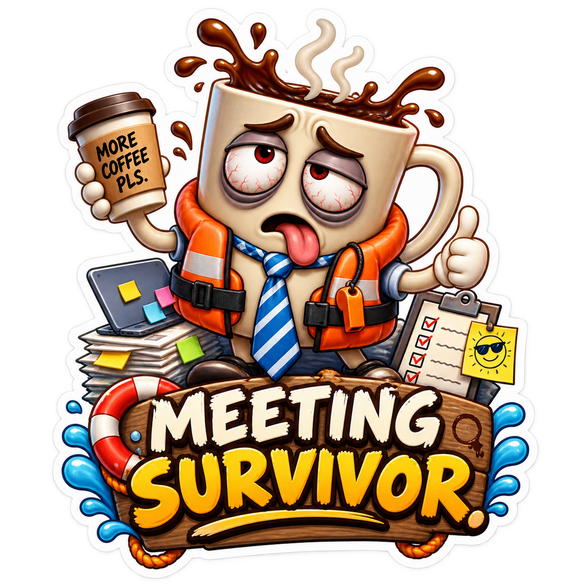 Meeting Survivor Tired Coffee Mug Vinyl Sticker Decal