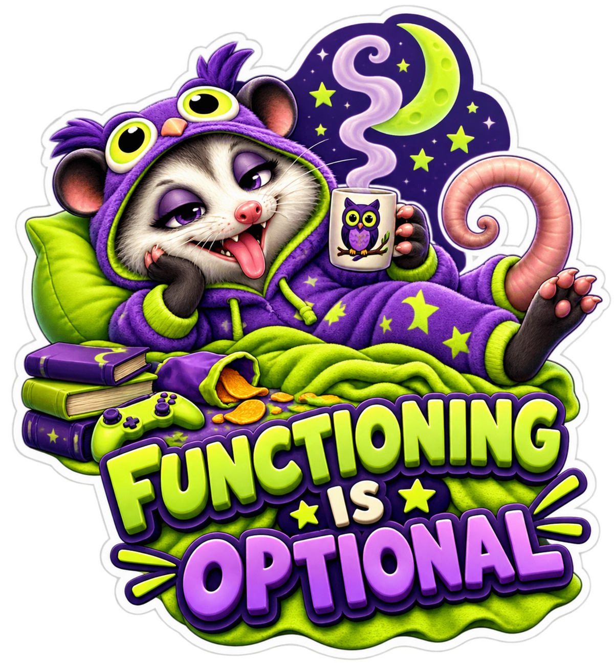 Functioning Is Optional Cozy Opossum Vinyl Sticker Decal