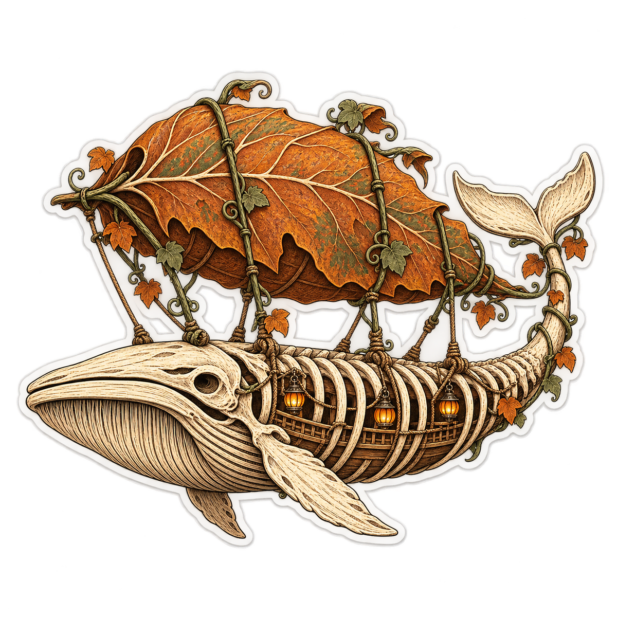 Woodcut Skeleton Whale Pumpkin Leaf Zeppelin Vinyl Sticker Decal