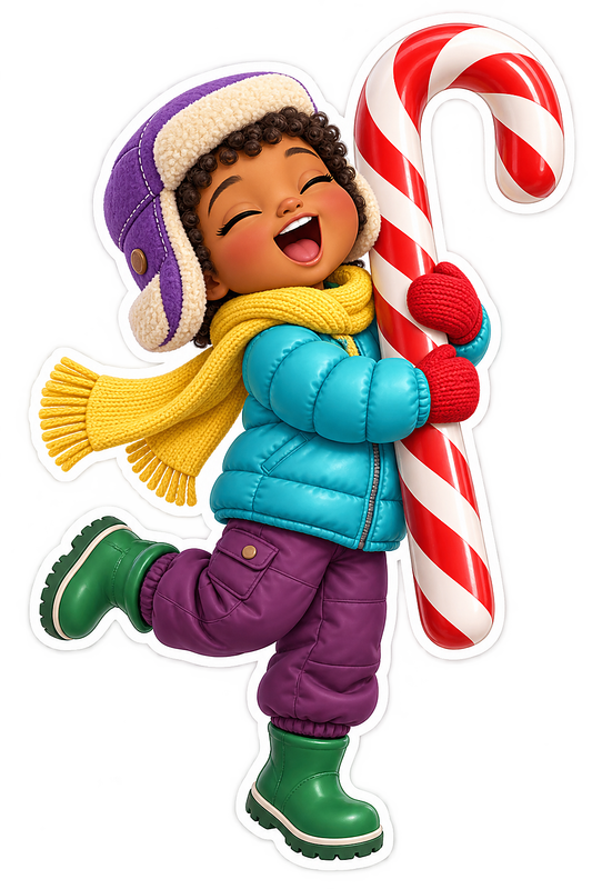 Christmas Caroler Child Teal Coat Candy Cane Vinyl Sticker Decal