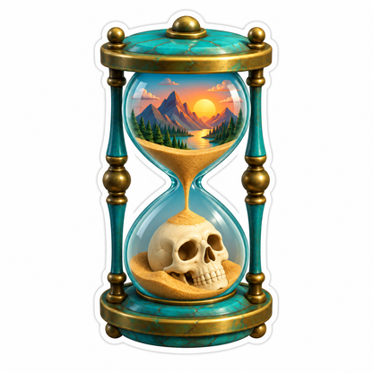 Hourglass Sunset Mountains Ivory Skull Vinyl Sticker Decal