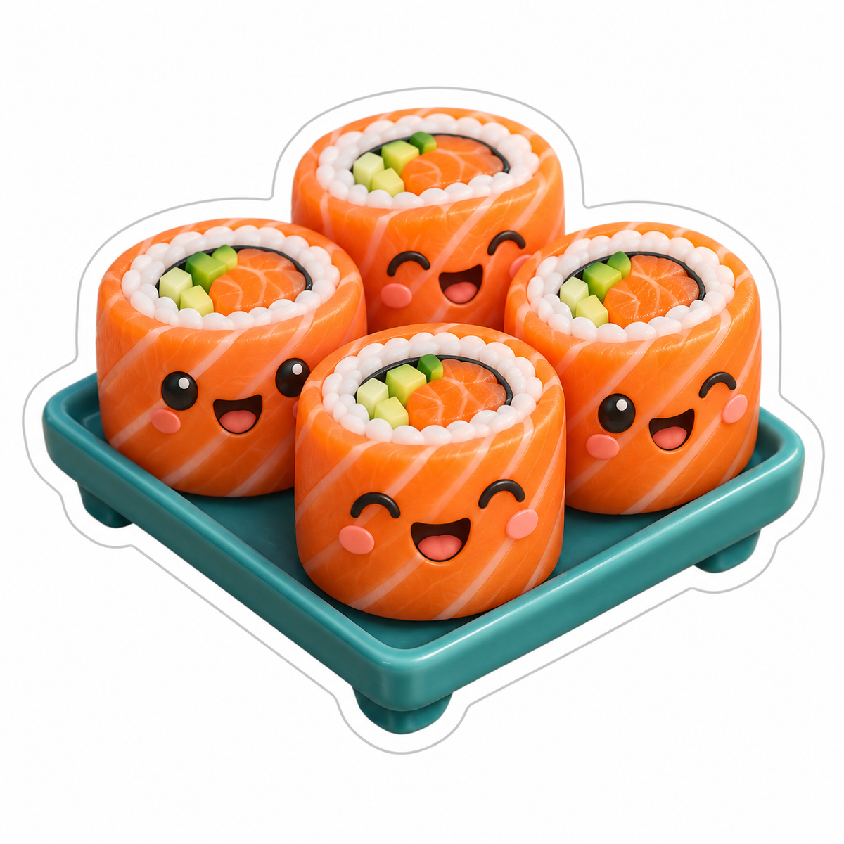 Four Smiling Salmon Sushi Rolls Gathered Vinyl Sticker Decal