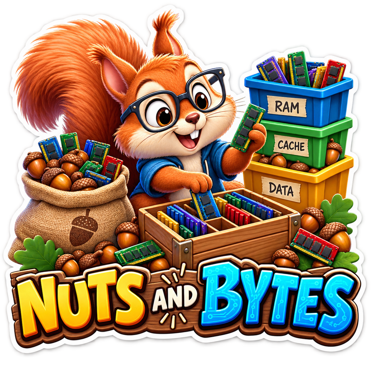 Nuts and Bytes Squirrel Sorting Computer Parts Vinyl Sticker Decal