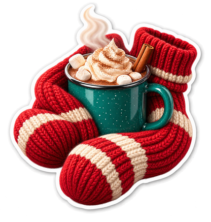 Hot Cocoa Mug Wrapped in Red Scarf Vinyl Sticker Decal