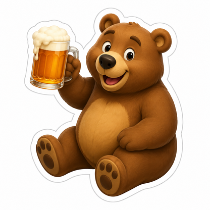 Smiling Brown Bear Holding Beer Mug Vinyl Sticker Decal
