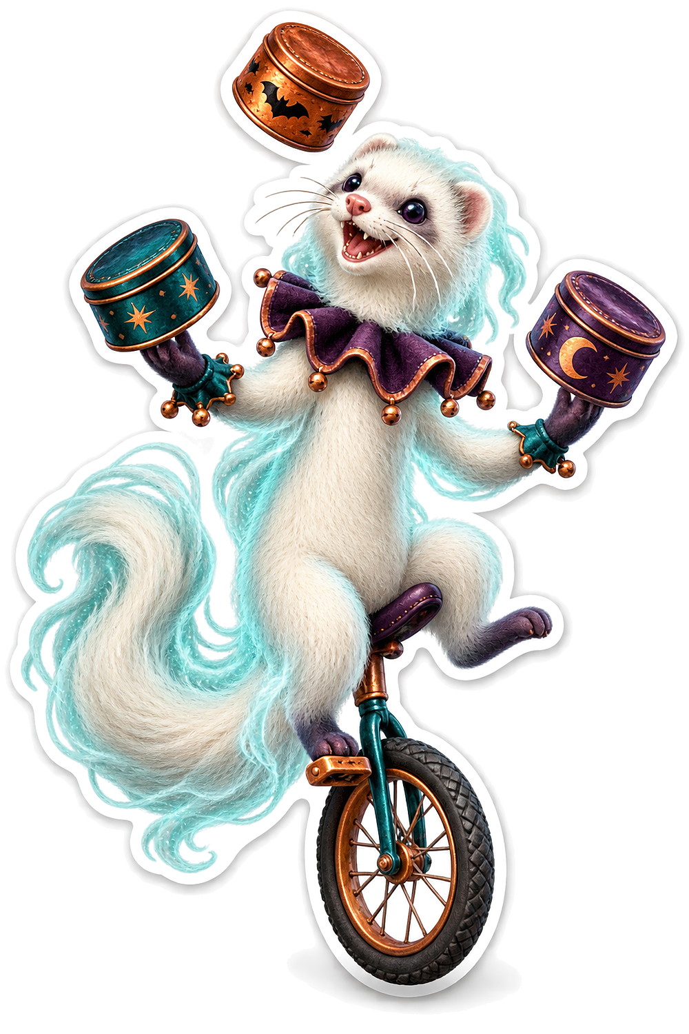 Plush Mohair Ghost Ferret Treat Tin Unicyclist Vinyl Sticker Decal