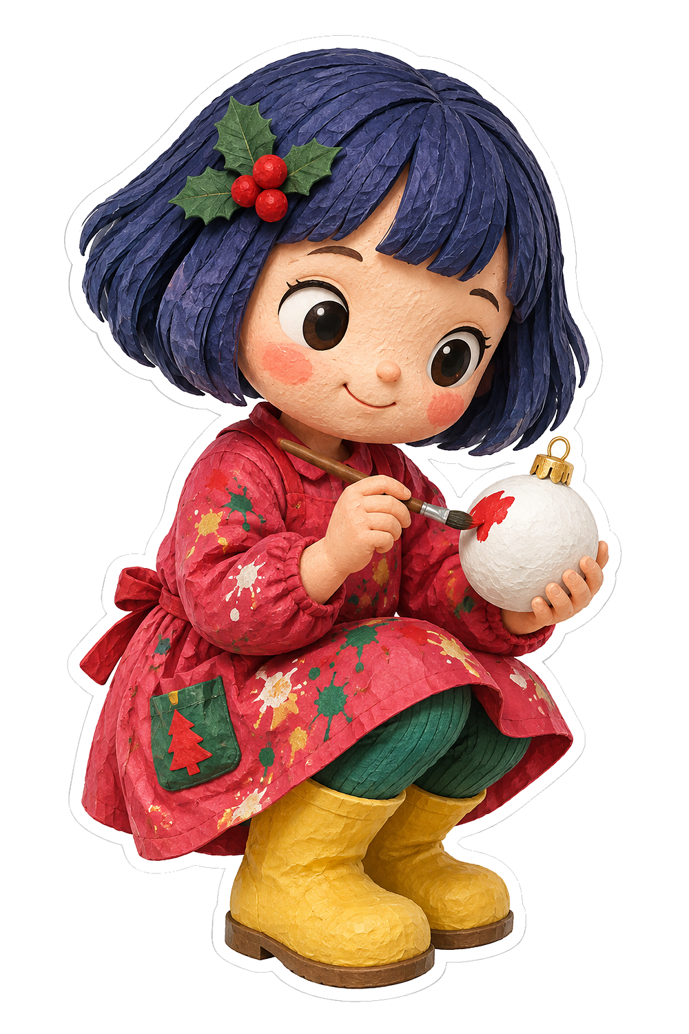 Christmas Doll Blue Hair Red Coat Ornament Vinyl Sticker Decal