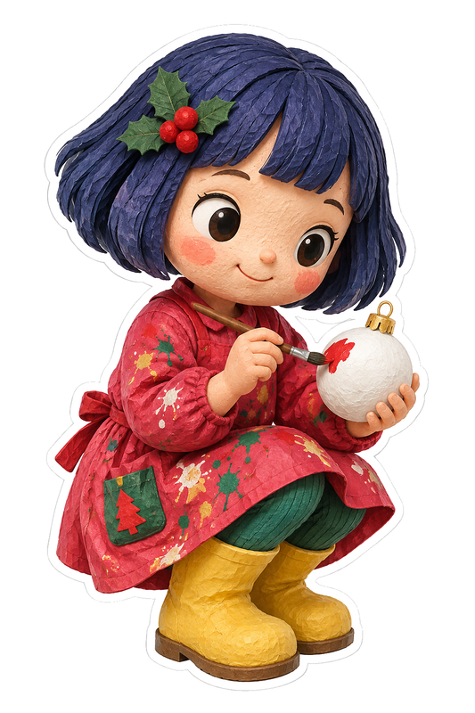 Christmas Doll Blue Hair Red Coat Ornament Vinyl Sticker Decal