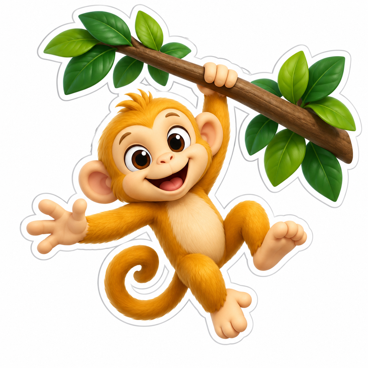 Playful Golden Monkey Swinging From Leafy Branch Vinyl Sticker Decal