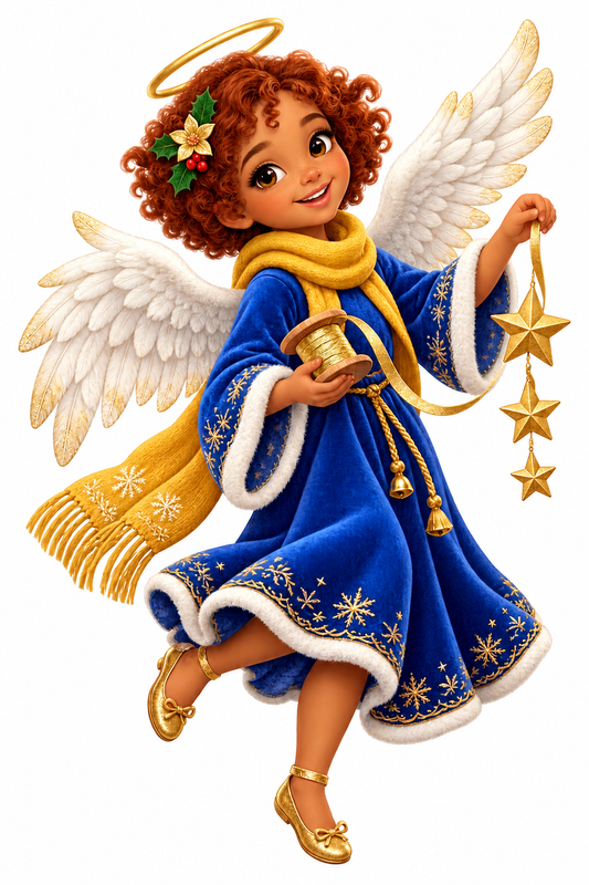 Christmas Angel Blue Dress Yellow Scarf Stars Vinyl Sticker Decal