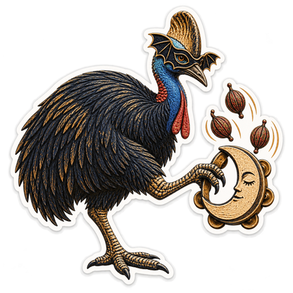 Ochre Linocut Masked Cassowary Moon Tambourine Vinyl Sticker Decal