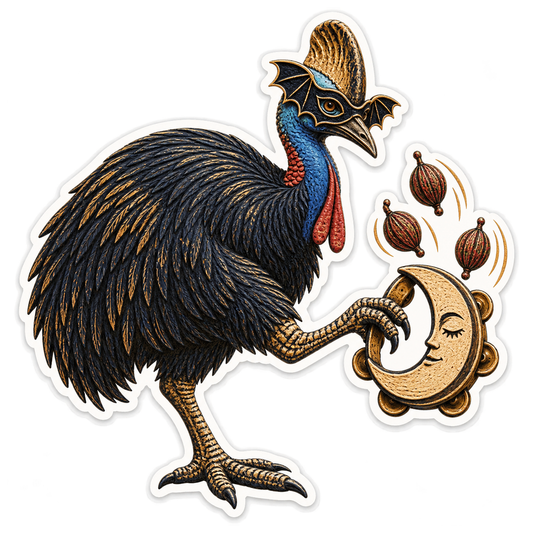 Ochre Linocut Masked Cassowary Moon Tambourine Vinyl Sticker Decal