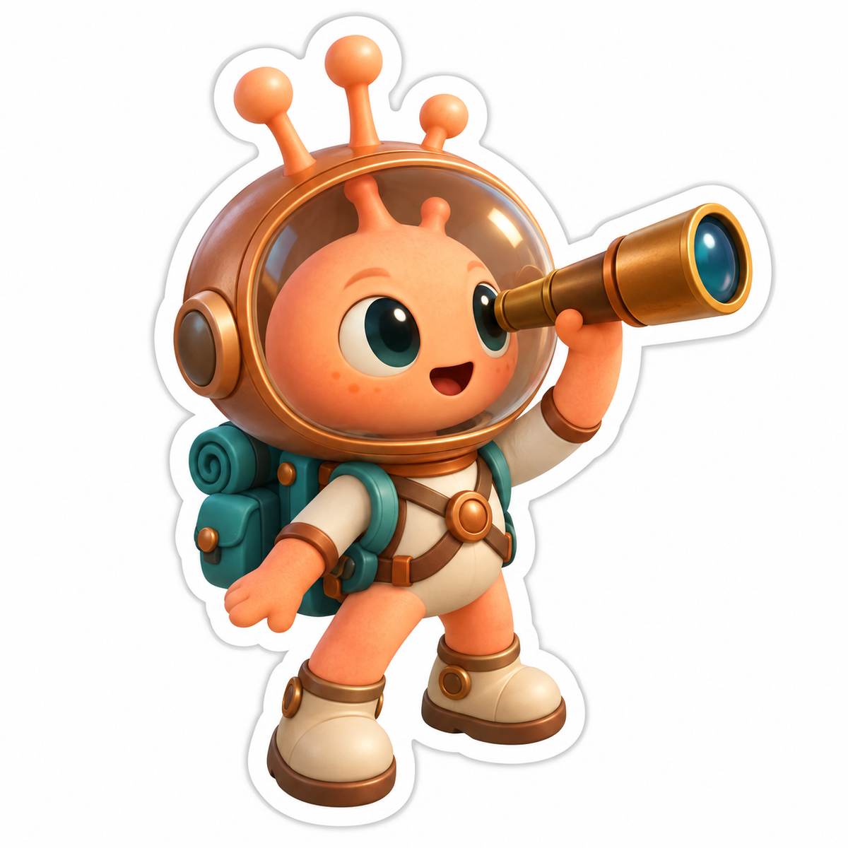 Peach Alien Explorer With Three Antennae Vinyl Sticker Decal
