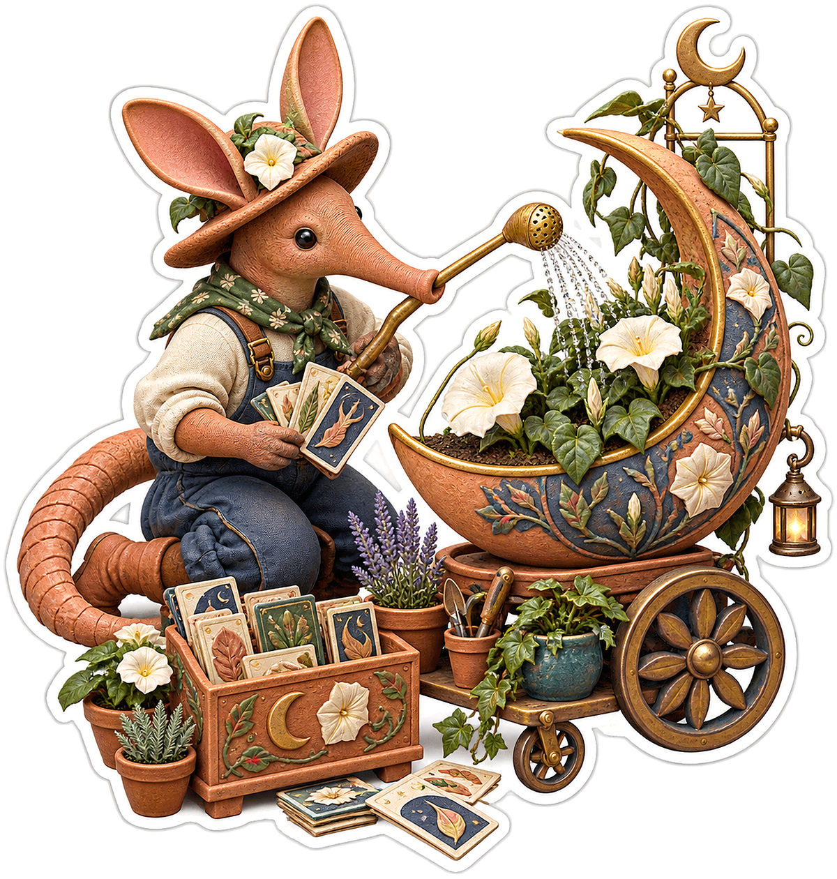 Aardvark Gardener with Moonflower Seed Cart Vinyl Sticker Decal