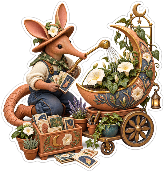 Aardvark Gardener with Moonflower Seed Cart Vinyl Sticker Decal
