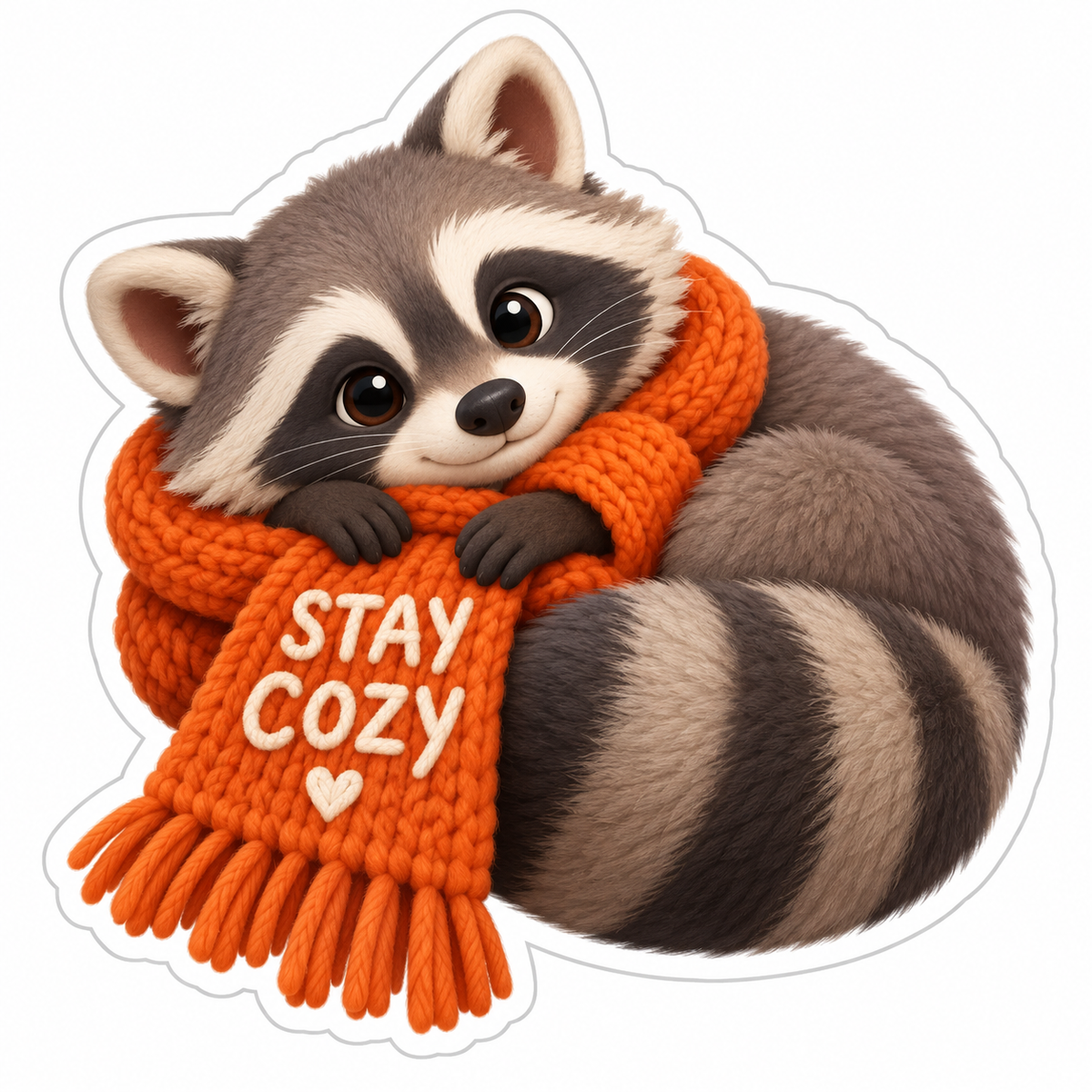 Fluffy Raccoon Curled Around Orange Knitted Scarf Vinyl Sticker Decal
