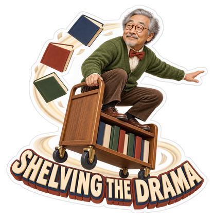 Shelving the Drama Man Riding Bookshelf Vinyl Sticker Decal