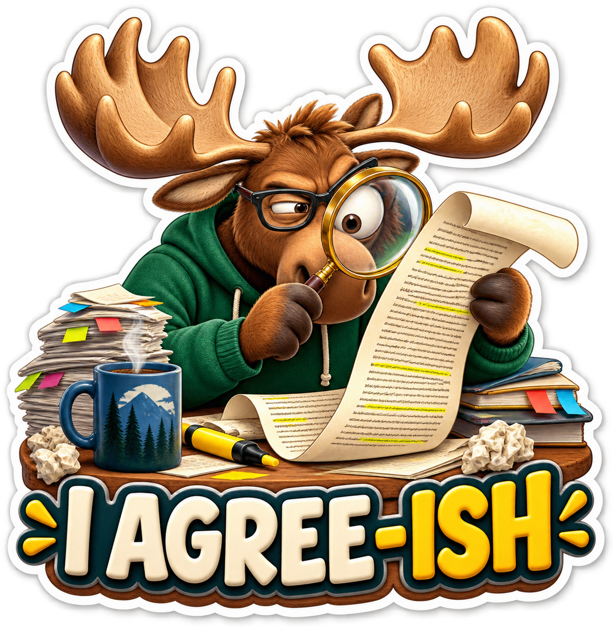 I Agree Ish Moose Studying Long Scroll Vinyl Sticker Decal