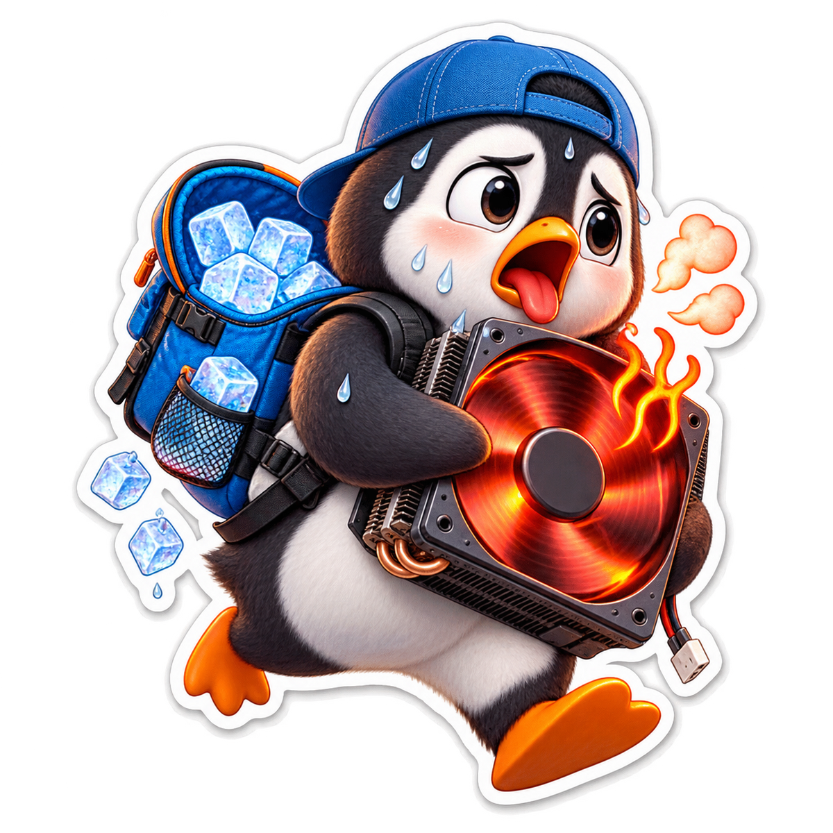 Penguin Carrying Overheating Computer Fan Vinyl Sticker Decal