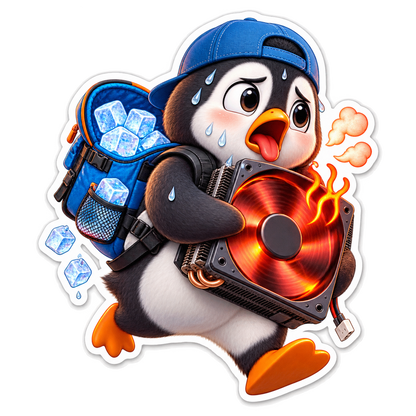 Penguin Carrying Overheating Computer Fan Vinyl Sticker Decal