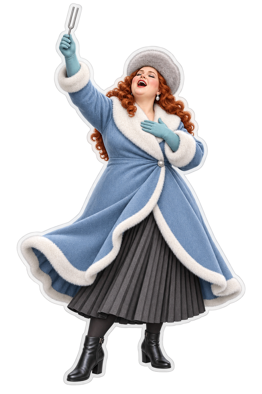 Christmas Caroler Woman Blue Coat Raised Arm Vinyl Sticker Decal