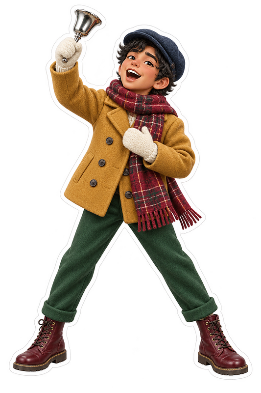 Christmas Caroler Boy Yellow Coat Plaid Scarf Vinyl Sticker Decal