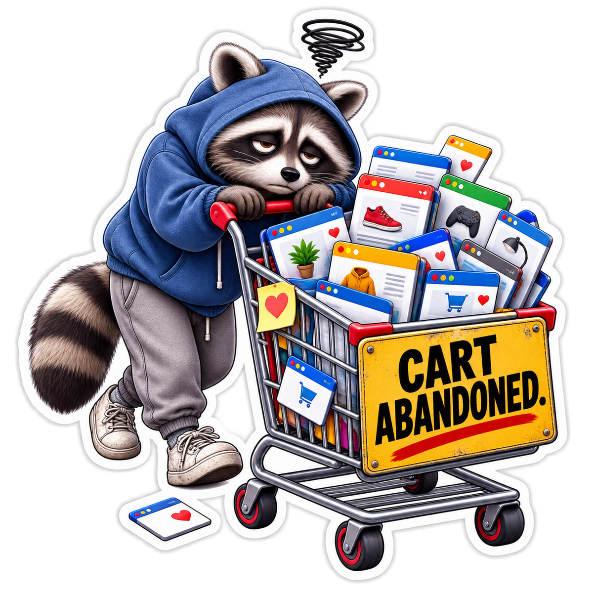 Cart Abandoned Raccoon and Shopping Cart Vinyl Sticker Decal
