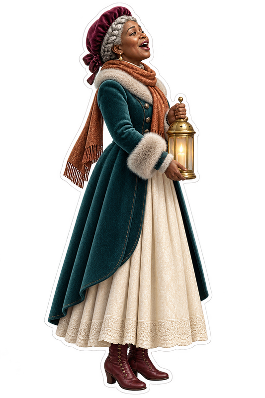 Christmas Caroler Woman Teal Cloak Lantern Vinyl Sticker Decal