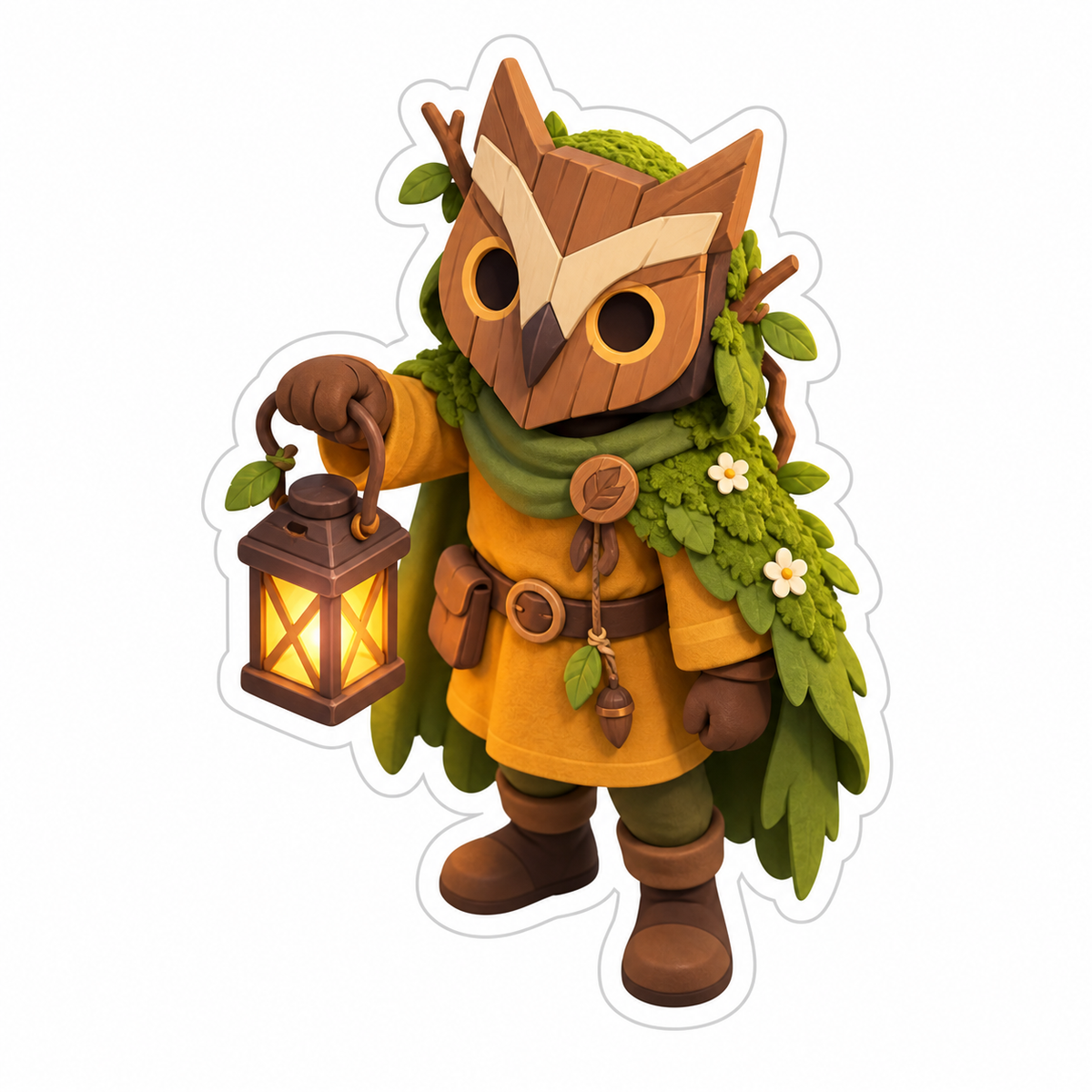 Forest Guardian Wearing Angular Wooden Owl Mask Vinyl Sticker Decal