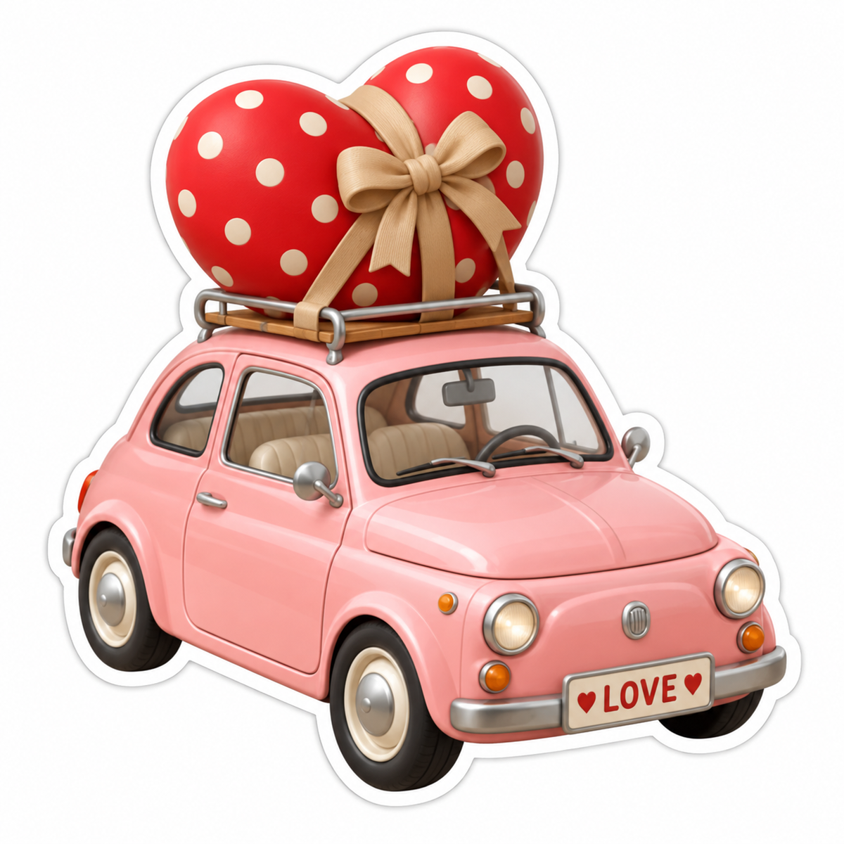 Blush-Pink Vintage Car Carrying Large Red Heart Vinyl Sticker Decal